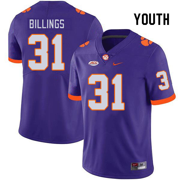 Youth Clemson Tigers Rob Billings #31 College Purple NCAA Authentic Football Stitched Jersey 23FS30NS